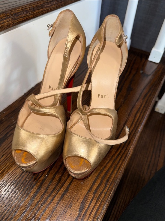 Christian Louboutin Shoes - Christian Louboutin Gold Metallic T-Strap Peep-Toe Heels